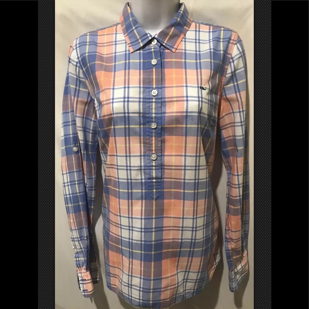 Sz 6 Vineyard Vines Blue and Peach Plaid Button-Down Shirt